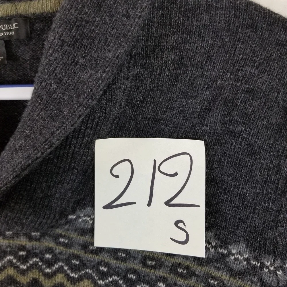 Banana Republic Mens Merino Wool Fair Isle Shawl Collar Sweater Gray Olive Small